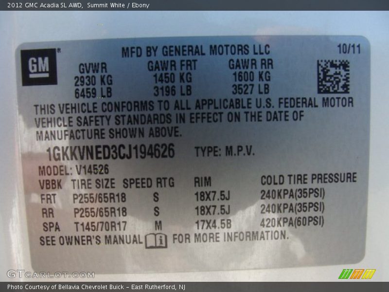Summit White / Ebony 2012 GMC Acadia SL AWD