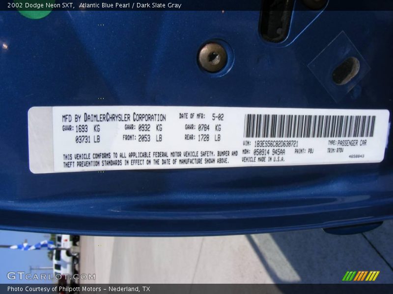 Atlantic Blue Pearl / Dark Slate Gray 2002 Dodge Neon SXT