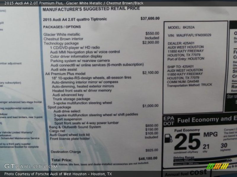 Glacier White Metallic / Chestnut Brown/Black 2015 Audi A4 2.0T Premium Plus