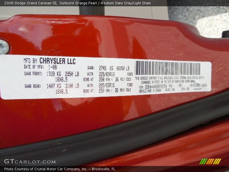 Sunburst Orange Pearl / Medium Slate Gray/Light Shale 2008 Dodge Grand Caravan SE