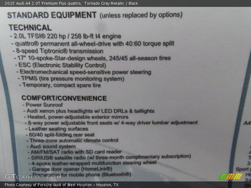 Tornado Gray Metallic / Black 2015 Audi A4 2.0T Premium Plus quattro