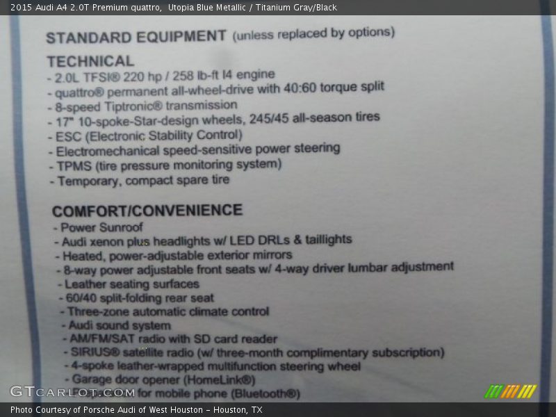  2015 A4 2.0T Premium quattro Window Sticker