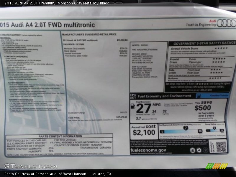  2015 A4 2.0T Premium Window Sticker