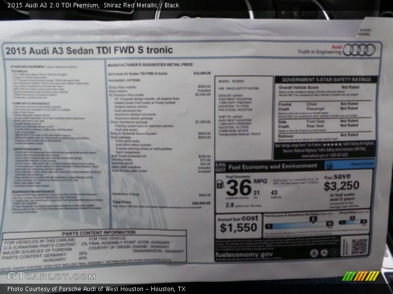  2015 A3 2.0 TDI Premium Window Sticker