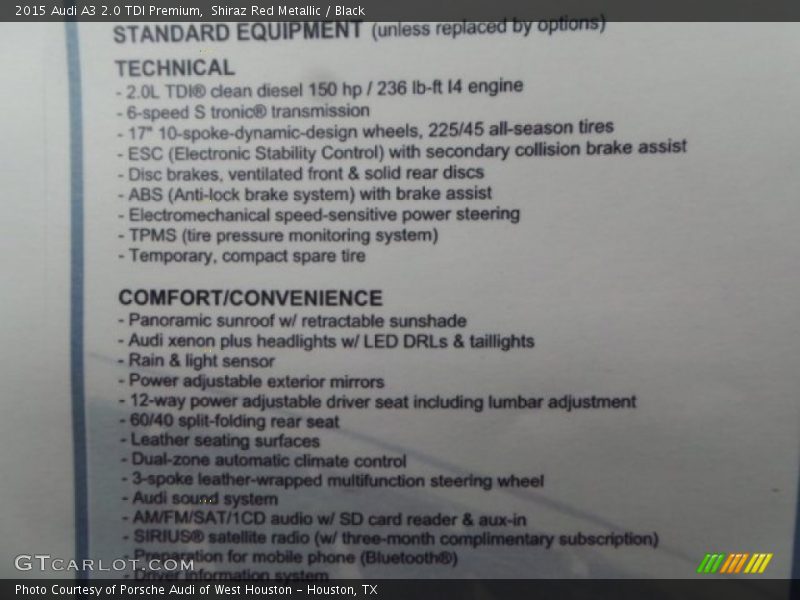  2015 A3 2.0 TDI Premium Window Sticker