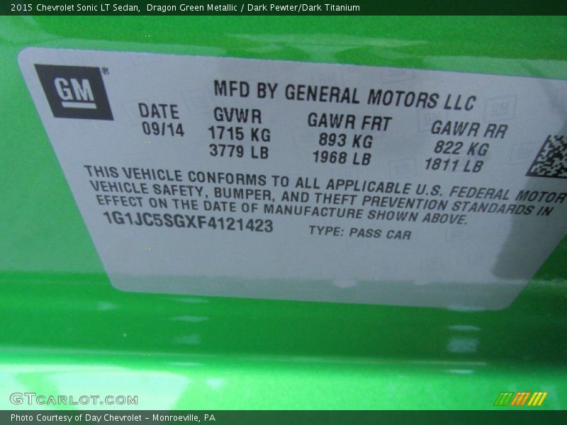 Dragon Green Metallic / Dark Pewter/Dark Titanium 2015 Chevrolet Sonic LT Sedan