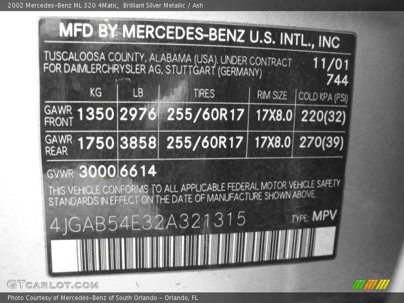 Brilliant Silver Metallic / Ash 2002 Mercedes-Benz ML 320 4Matic