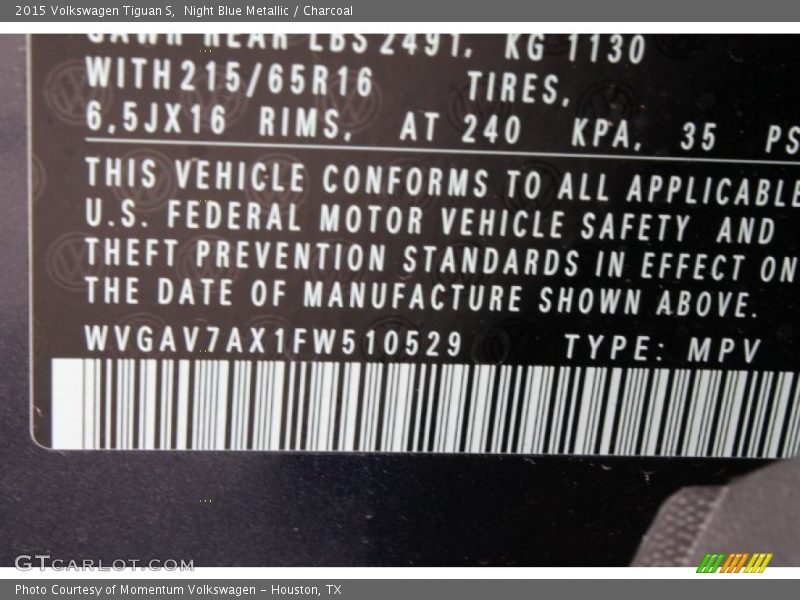 Night Blue Metallic / Charcoal 2015 Volkswagen Tiguan S