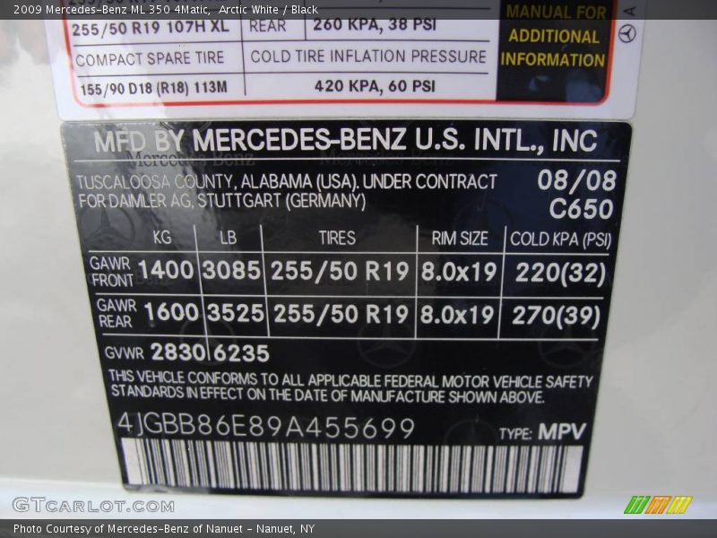 Arctic White / Black 2009 Mercedes-Benz ML 350 4Matic