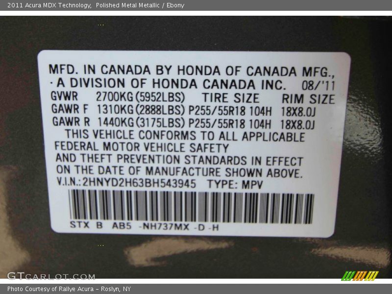 Polished Metal Metallic / Ebony 2011 Acura MDX Technology
