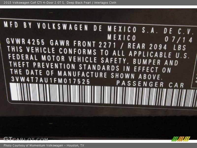 Deep Black Pearl / Interlagos Cloth 2015 Volkswagen Golf GTI 4-Door 2.0T S