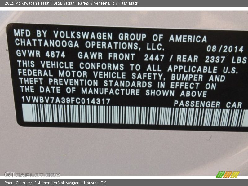 Reflex Silver Metallic / Titan Black 2015 Volkswagen Passat TDI SE Sedan
