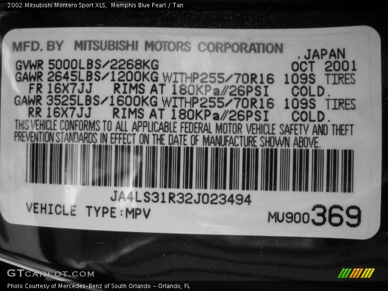 Memphis Blue Pearl / Tan 2002 Mitsubishi Montero Sport XLS