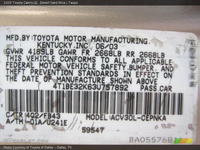 Desert Sand Mica / Taupe 2003 Toyota Camry LE