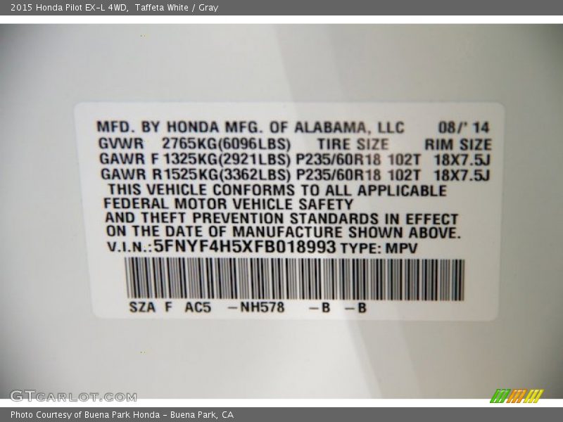 Taffeta White / Gray 2015 Honda Pilot EX-L 4WD