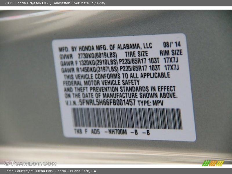 Alabaster Silver Metallic / Gray 2015 Honda Odyssey EX-L