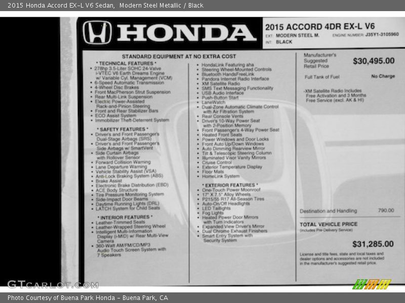 Modern Steel Metallic / Black 2015 Honda Accord EX-L V6 Sedan