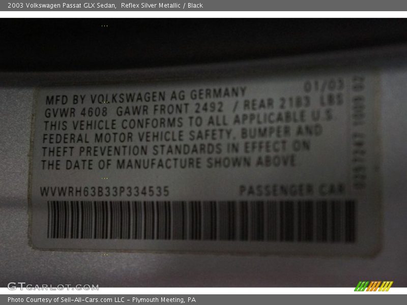 Reflex Silver Metallic / Black 2003 Volkswagen Passat GLX Sedan