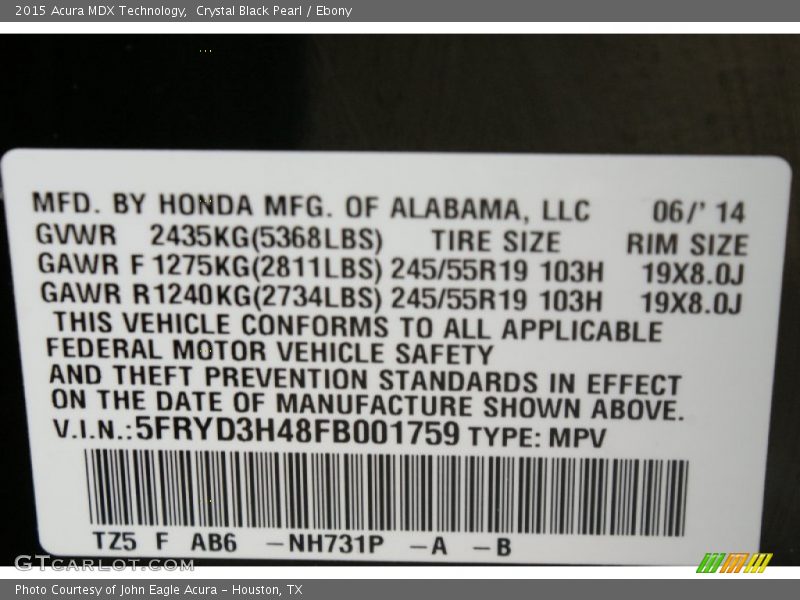 Crystal Black Pearl / Ebony 2015 Acura MDX Technology