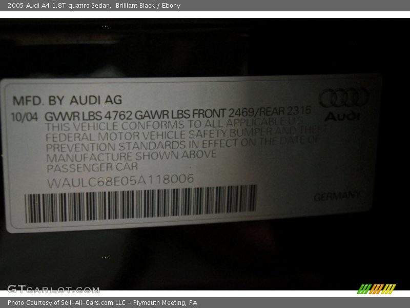 Brilliant Black / Ebony 2005 Audi A4 1.8T quattro Sedan