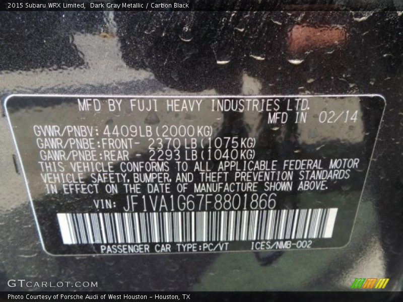 Dark Gray Metallic / Carbon Black 2015 Subaru WRX Limited