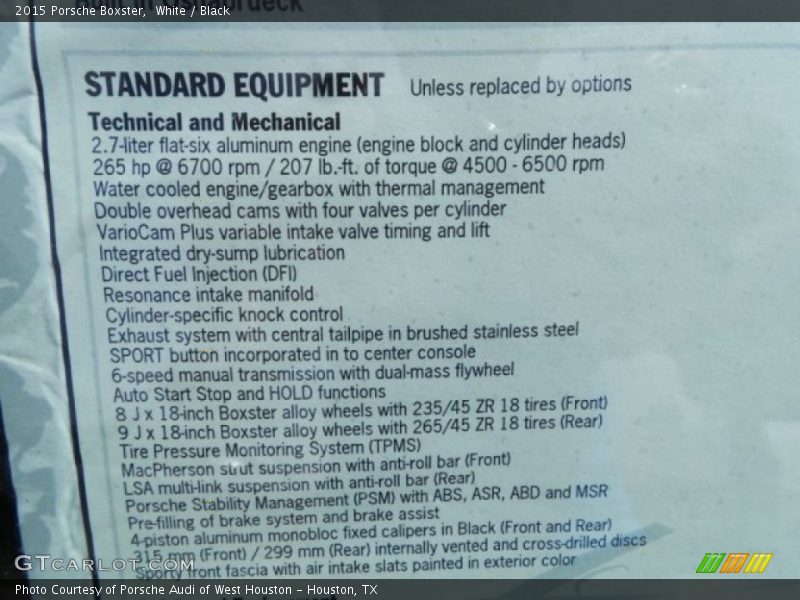  2015 Boxster  Window Sticker