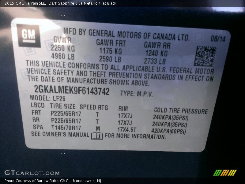 Dark Sapphire Blue Metallic / Jet Black 2015 GMC Terrain SLE