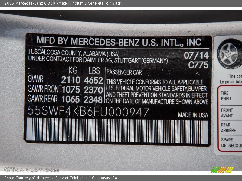 Iridium Silver Metallic / Black 2015 Mercedes-Benz C 300 4Matic
