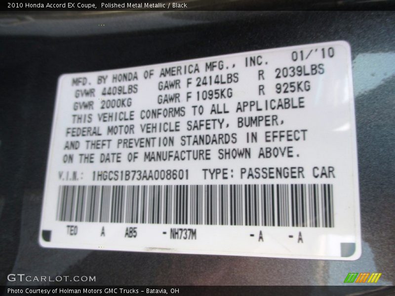 Polished Metal Metallic / Black 2010 Honda Accord EX Coupe