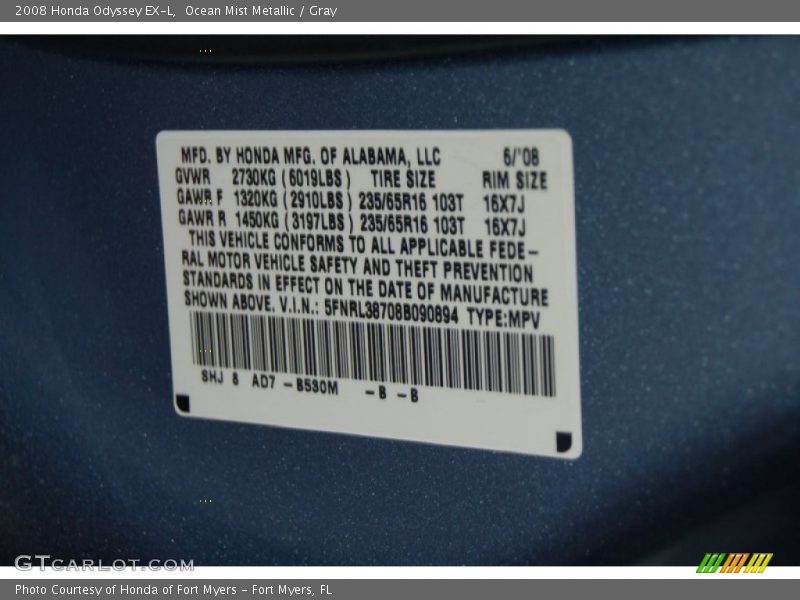 Ocean Mist Metallic / Gray 2008 Honda Odyssey EX-L
