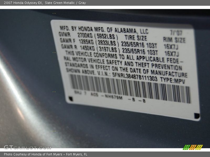 Slate Green Metallic / Gray 2007 Honda Odyssey EX
