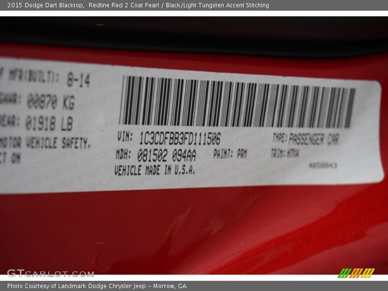 Redline Red 2 Coat Pearl / Black/Light Tungsten Accent Stitching 2015 Dodge Dart Blacktop