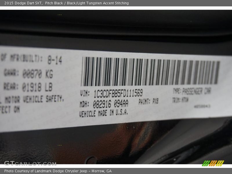 Pitch Black / Black/Light Tungsten Accent Stitching 2015 Dodge Dart SXT
