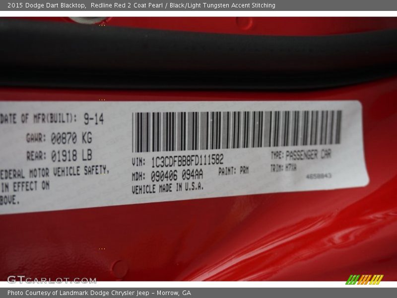 Redline Red 2 Coat Pearl / Black/Light Tungsten Accent Stitching 2015 Dodge Dart Blacktop