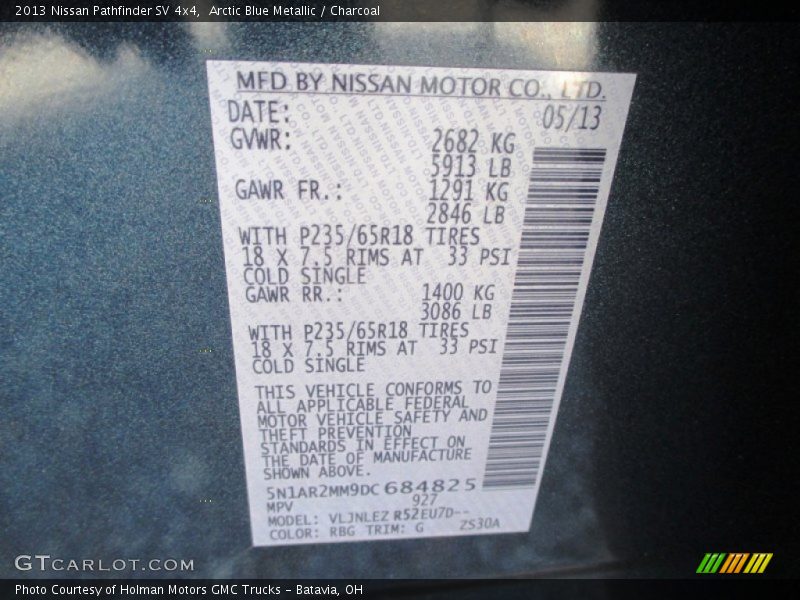 Arctic Blue Metallic / Charcoal 2013 Nissan Pathfinder SV 4x4