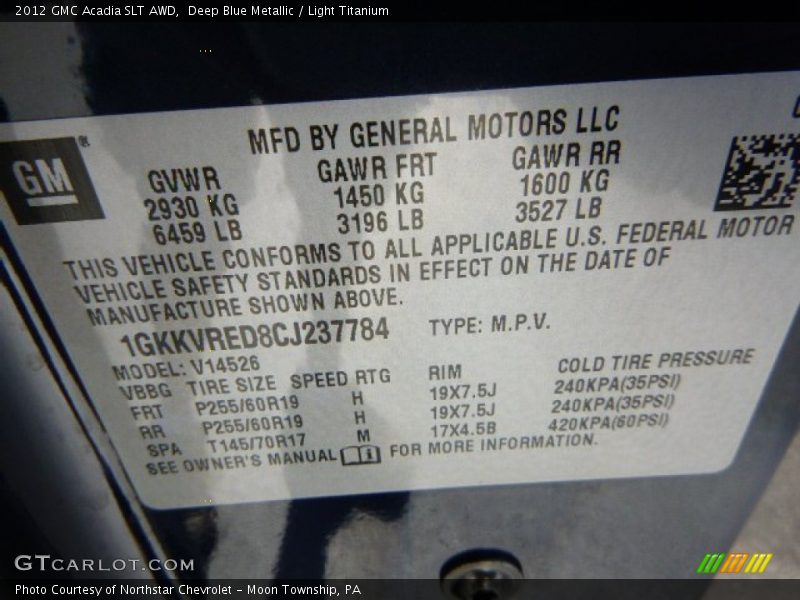 Deep Blue Metallic / Light Titanium 2012 GMC Acadia SLT AWD