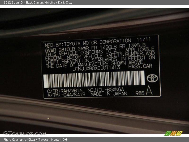 Black Currant Metallic / Dark Gray 2012 Scion iQ