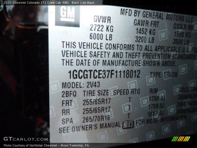 Info Tag of 2015 Colorado Z71 Crew Cab 4WD