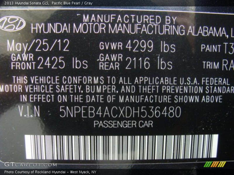 Pacific Blue Pearl / Gray 2013 Hyundai Sonata GLS