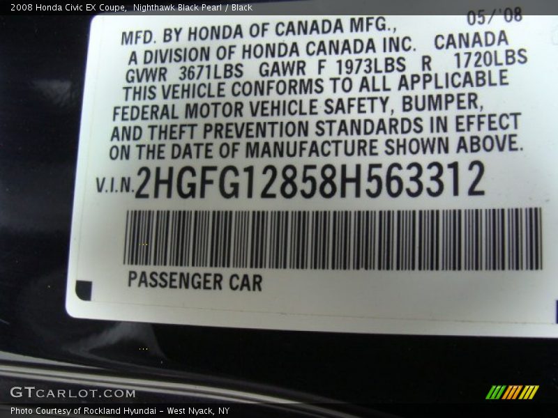 Nighthawk Black Pearl / Black 2008 Honda Civic EX Coupe