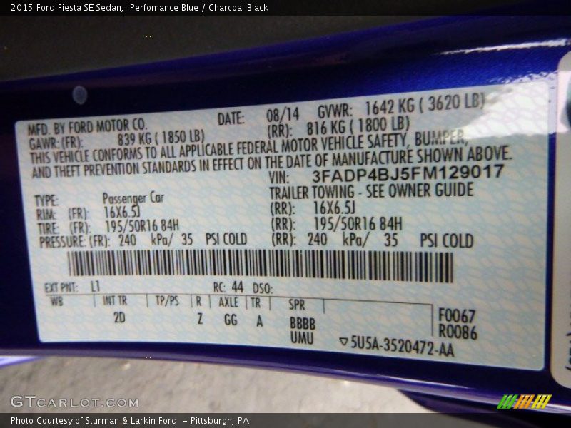 2015 Fiesta SE Sedan Perfomance Blue Color Code L1
