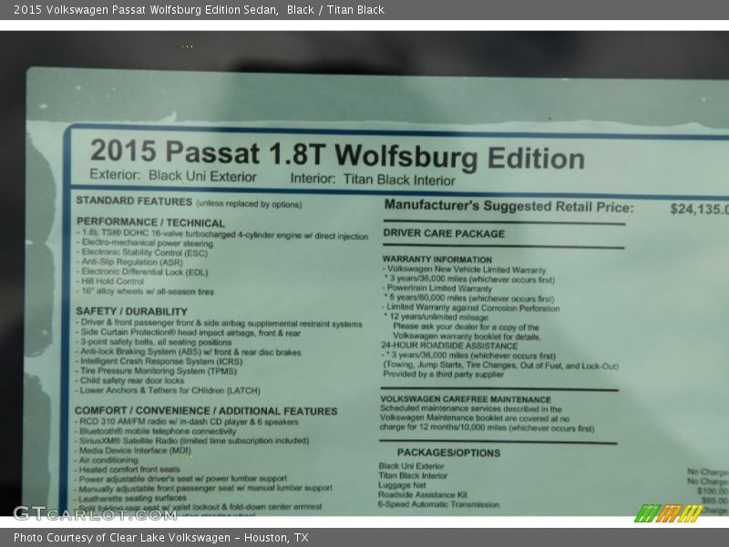  2015 Passat Wolfsburg Edition Sedan Window Sticker