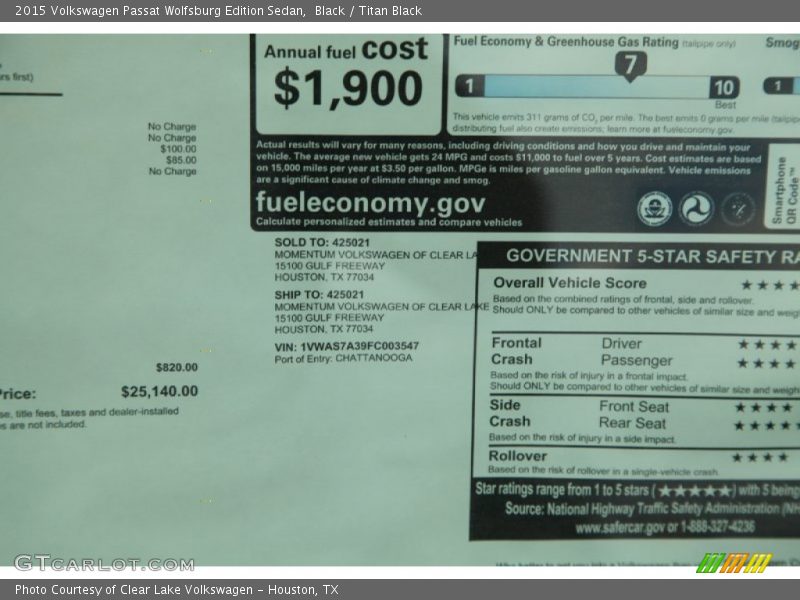 Black / Titan Black 2015 Volkswagen Passat Wolfsburg Edition Sedan