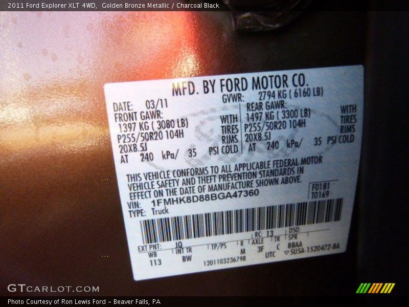 Golden Bronze Metallic / Charcoal Black 2011 Ford Explorer XLT 4WD