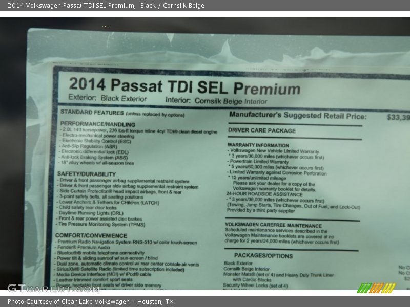 Black / Cornsilk Beige 2014 Volkswagen Passat TDI SEL Premium