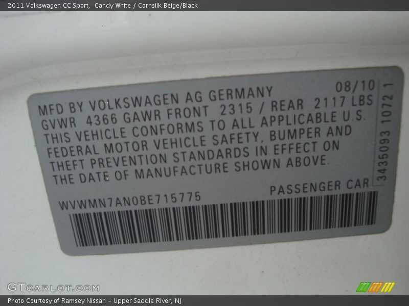 Candy White / Cornsilk Beige/Black 2011 Volkswagen CC Sport