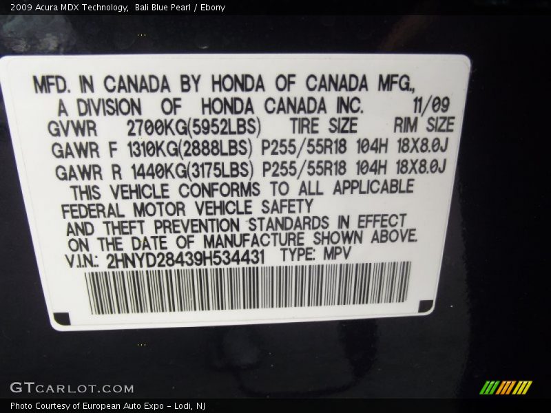 Bali Blue Pearl / Ebony 2009 Acura MDX Technology