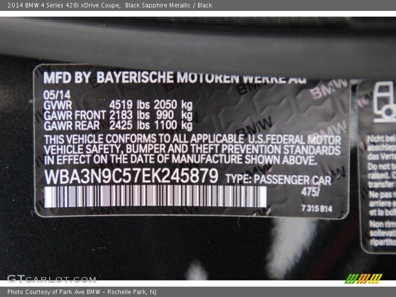 2014 4 Series 428i xDrive Coupe Black Sapphire Metallic Color Code 475