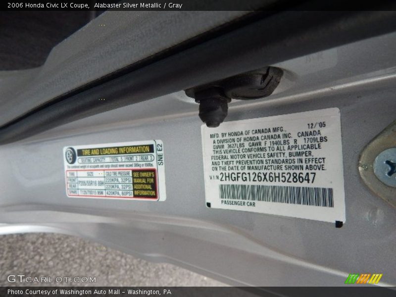 Alabaster Silver Metallic / Gray 2006 Honda Civic LX Coupe