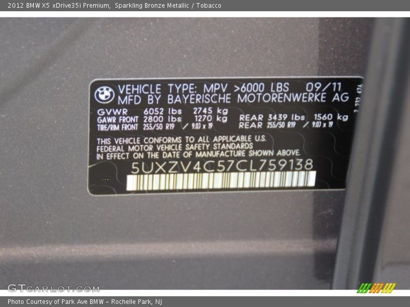 Sparkling Bronze Metallic / Tobacco 2012 BMW X5 xDrive35i Premium